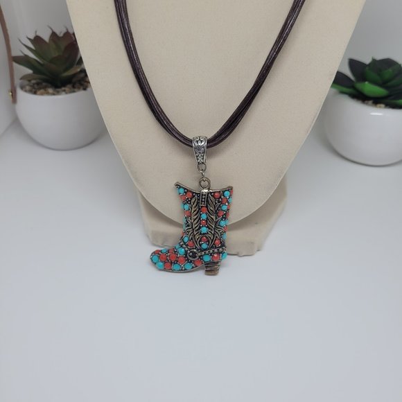 3 Strand Distressed Leather Necklace with Cowboy Boot Pendant - Picture 2 of 6